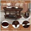 42'' oval wood coffee table for Living Room, 2-Tier Solid Wood Cocktail Table with Open Storage Shelf, Easy Assembly, Cherry