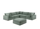 Sage Color 6pc Modular Sectional Set Corduroy Upholstery Couch 3x Corner wedge, 2x Armless Chairs 1x Ottoman Living Room Furniture