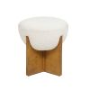 Bali 18.5" Round Upholstered Ottoman with Natural Wood Base, Ivory White Boucle