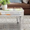 Silver Mirrored Coffee Table, Vintage Carved Elements, Rectangle Glass Tea Table with Mirrored Finish
