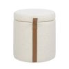 Brandy 14" Round Upholstered Storage Ottoman with Leather Accent, Flax White
