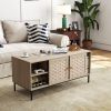 Elegant Veener Weaving Design Coffee Table with 4 Sliding Door, Wooden Center Rectangular Table with Symmetrical Design Storage Cabinet