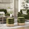 Edward 17.5" Round Upholstered Ottoman with Bullion Fringe, Olive Green Performance Velvet
