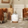 Tilly 16.5" Round Fur Upholstered & Burl Pouf Ottoman, Cottontail White Faux Fur
