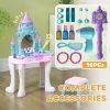 Qaba Kids Vanity Set with Mirror and Stool, Castle Design Makeup Table with Light, Music, Hair Dryer, 18 Accessories