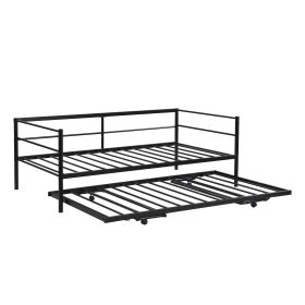 Double Metal Sofa Bed With Adjustable Wheels, Pop-up Wheels, Black (Color: Black)