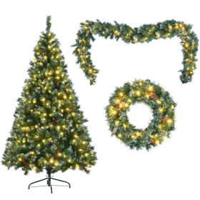 6 Feet Dark Green Pine Christmas Tree, Pre-Installed Lighting Set With Tree, Garland & Garland, Hinged Artificial Christmas Tree, (Color: Green)