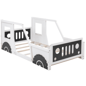 Double Classic Car-shaped Platform Bed On Wheels, White (Color: White)