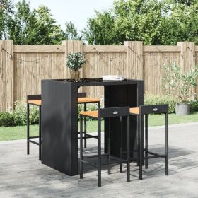 Bar Stools 4 pcs Black Poly Rattan and Solid Wood Acacia (Color: Black)