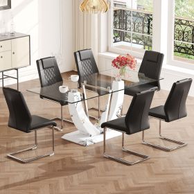 Table and chair set, large modern rectangular glass table, can accommodate 6-8 people (Color: as Pic)