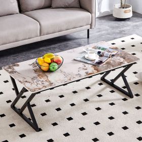 A coffee table is made of rock slab material, with a natural and smooth marble pattern on the surface (Color: as Pic)