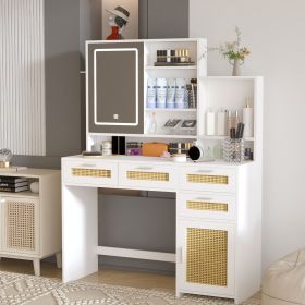 Makeup Vanity with Lights in 3 Colors & Openable Mirror, Vanity Desk with 4 Drawers & 1 Cabinets & Shelves, Vanity Table Rattan Vanity Dresser (Color: as Pic)