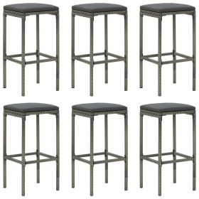 Bar Stools with Cushions 6 pcs Gray Poly Rattan (Color: Grey)