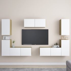 7 Piece TV Cabinet Set White and Sonoma Oak Engineered Wood (Color: Beige)