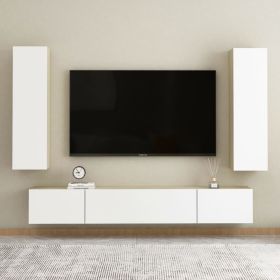 4 Piece TV Cabinet Set White and Sonoma Oak Engineered Wood (Color: Beige)