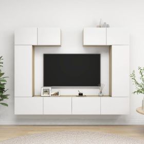6 Piece TV Cabinet Set White and Sonoma Oak Engineered Wood (Color: Beige)