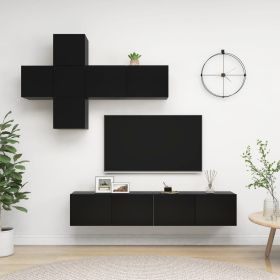 7 Piece TV Cabinet Set Black Engineered Wood (Color: Black)