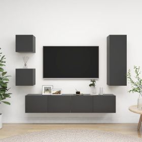 5 Piece TV Cabinet Set Gray Engineered Wood (Color: Grey)