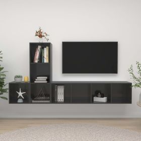 3 Piece TV Cabinet Set High Gloss Gray Engineered Wood (Color: Grey)