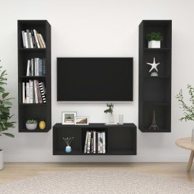 3 Piece TV Cabinet Set Black Engineered Wood (Color: Black)