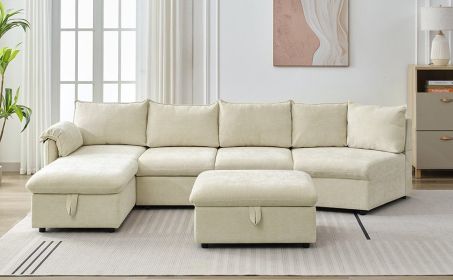 146.9" L-shaped Sofa Sectional Sofa Couch Pull-out Sofa Bed with a Movable Storage Ottoman, a Storage Chaise Lounge and Two USB Ports for Living Room (Color: as Pic)