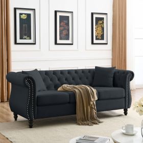 [Video] 80" Chesterfield Sofa Black Velvet for Living Room, 3 Seater Sofa Tufted Couch with Rolled Arms and Nailhead for Living Room, Bedroom, Office (Color: as Pic)