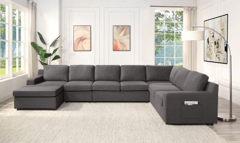 Waylon 145.5" Gray Linen 7-Seater U-Shape Sectional Sofa Chaise with Pocket (Color: as Pic)