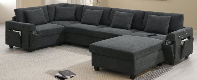 [New+Video]128*67" U Shaped Sectional Sofa,6 Seat Chenille Couch Set with Oversized Ottoman,Hidden Armrest Storage and Cup Holders,USB Charging Ports (Color: as Pic)