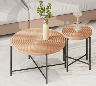 2-Piece Coffee and End Table Set – Waterproof MDF with PVC Cover, Distressed Cylindrical Design, Black Metal Legs – Classic Rustic Charm (Color: as Pic)