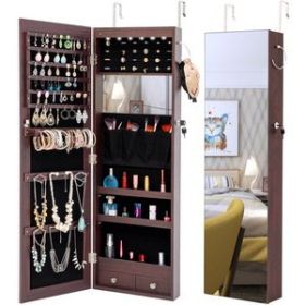 LED Lights Jewelry Storage Mirror Cabinet (Color: Brown)
