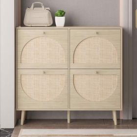 2 Rows With 4 Flip Buckets And High Legged Round Rattan Shoe Cabinet In Natural Wood Color (Option: Natural)