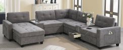 [Video]104'' Sectional Sofa with Acrylic Table Top,Chenille U Shaped Couch Set with 2 Consoles,USB Charger,Storage Drawers and Pockets,Movable Ottoman