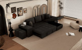 104.5" Modern L-Shape 3 Seat Reversible Sectional Couch, Pull Out Sleeper Sofa with Storage Chaise and 2 Stools for Living Room Furniture Set
