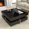 ON-TREND Modern High Gloss Coffee Table with 4 Drawers, Multi-Storage Square Cocktail Tea Table with Wood Grain Legs, Center Table for Living Room