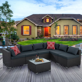 Patio Furniture, Outdoor Furniture, Seasonal PE Wicker Furniture, 7 Set Wicker Furniture With Tempered Glass Coffee Table (Option: Dark Gray)